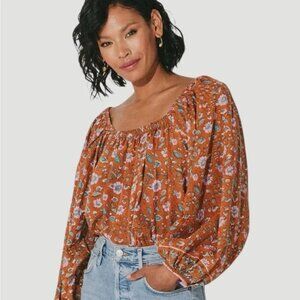 Cleobella Shania Burnt Orange  Floral Long Sleeve Organic Cotton Blouse XS
